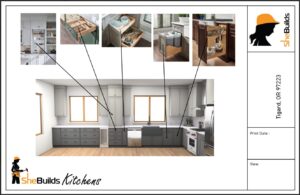 3D Rendering of a kitchen section. Countertop and lower cabinets with arrows and pop-out images of what will be in each drawer and cabinet. 